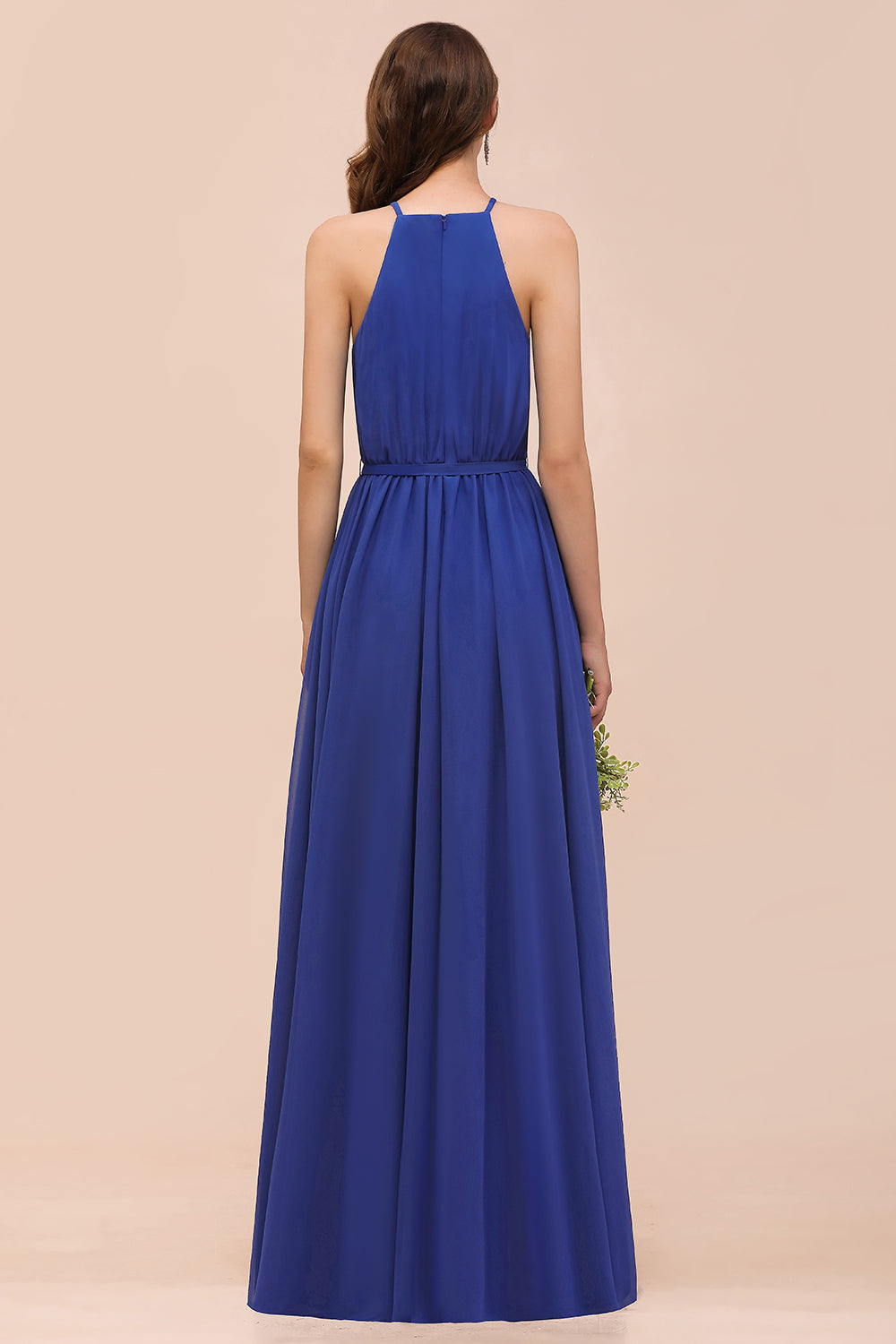 Royal Blue A-Line Chiffon Halter Bridesmaid Dress Long Wedding Guest Dress