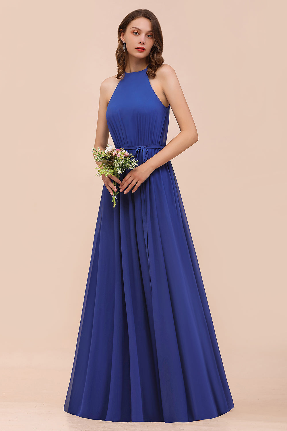 white christmas dresses Royal Blue A-Line Chiffon Halter Bridesmaid Dress Long Wedding Guest Dress