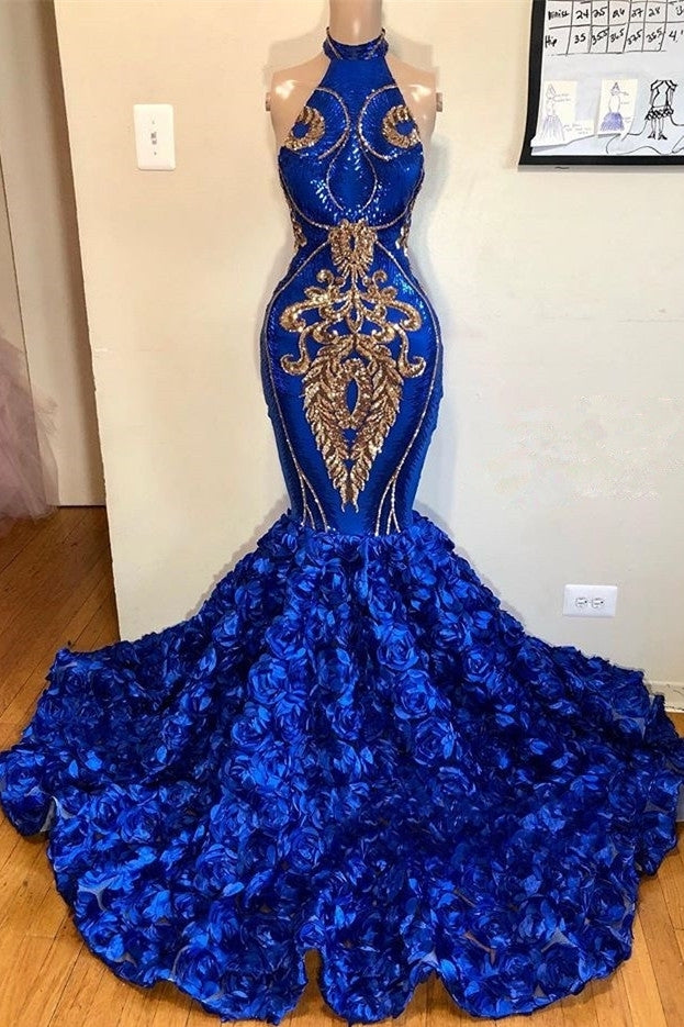 royal blue and gold mermaid prom dress Royal Blue Halter Mermaid Prom Dresses Gorgeous Long Evening Gowns