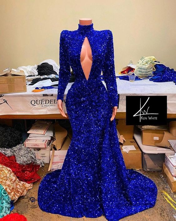 Royal Blue High Neck Long Sleeves Mermaid Prom Dress with Sequins