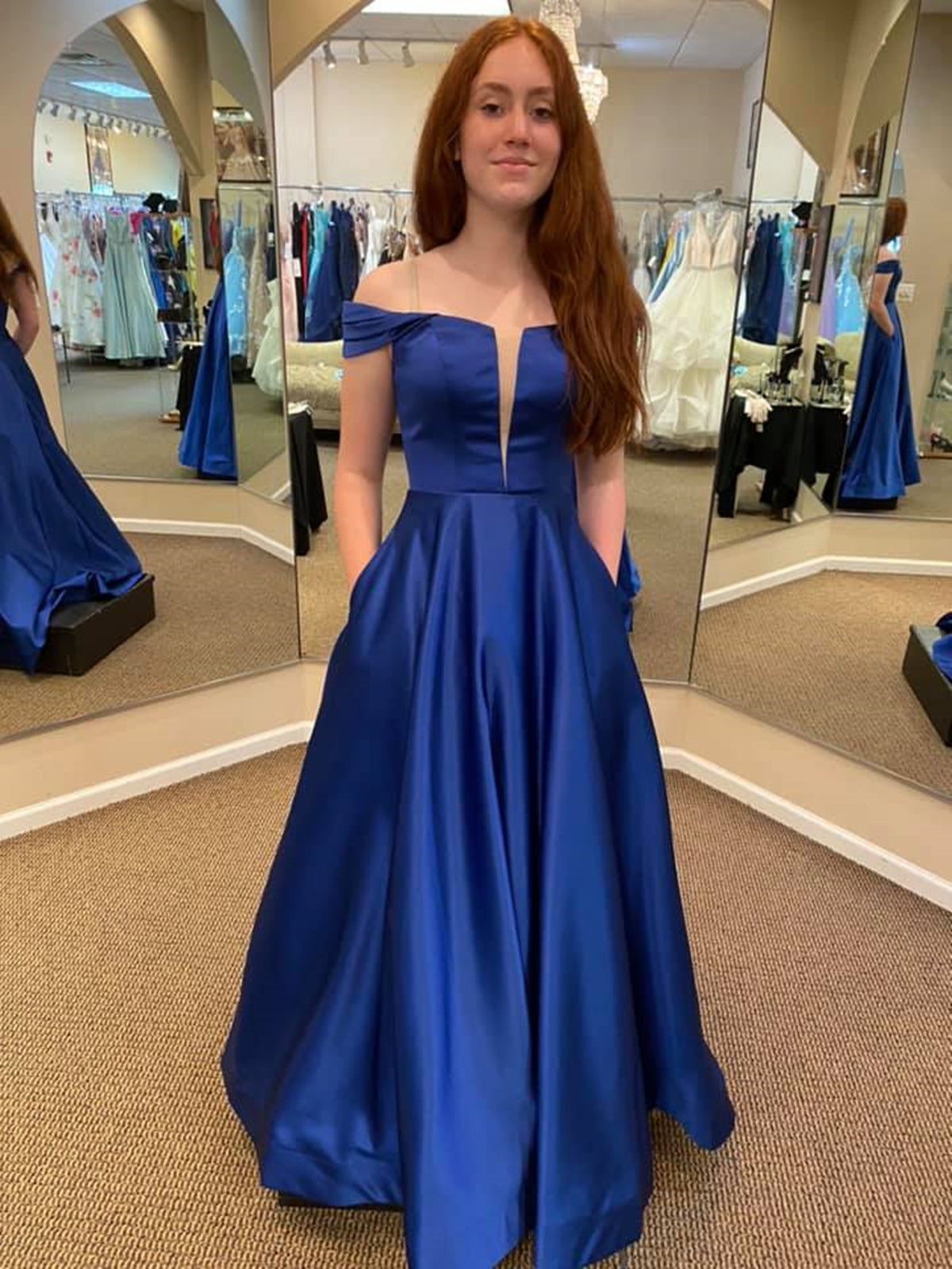 Royal Blue Long A-line Off the Shoulder Satin Prom Dress with Pocktes BIZTUNNEL Royal Blue Long A-line Off the Shoulder Satin Prom Dress with Pocktes BIZTUNNEL
