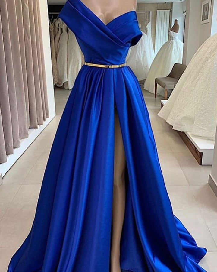 royal blue dress with slit Glamorous Long Royal Blue A-line Glittery Satin Prom Dress with High S –  Newinlook main image 0