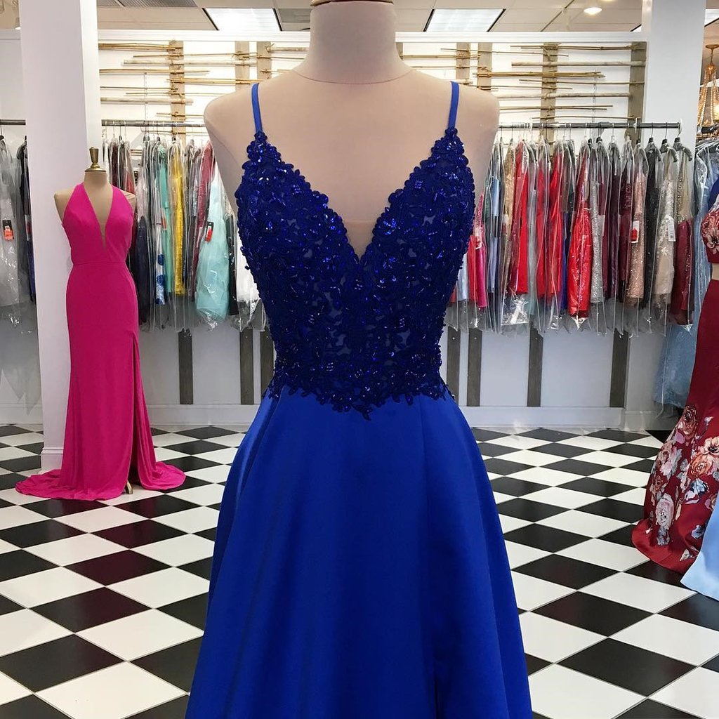 Royal Blue Long A-Line Sequins Satin V-neck Prom Dresses  BIZTUNNEL