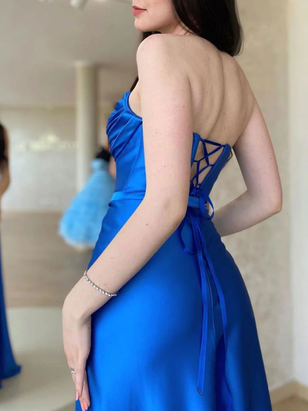 Royal Blue Long A-line Strapless Open Back Satin Formal Graduation Prom Dresses with Slit Royal Blue Long A-line Strapless Open Back Satin Formal Graduation Prom Dresses with Slit