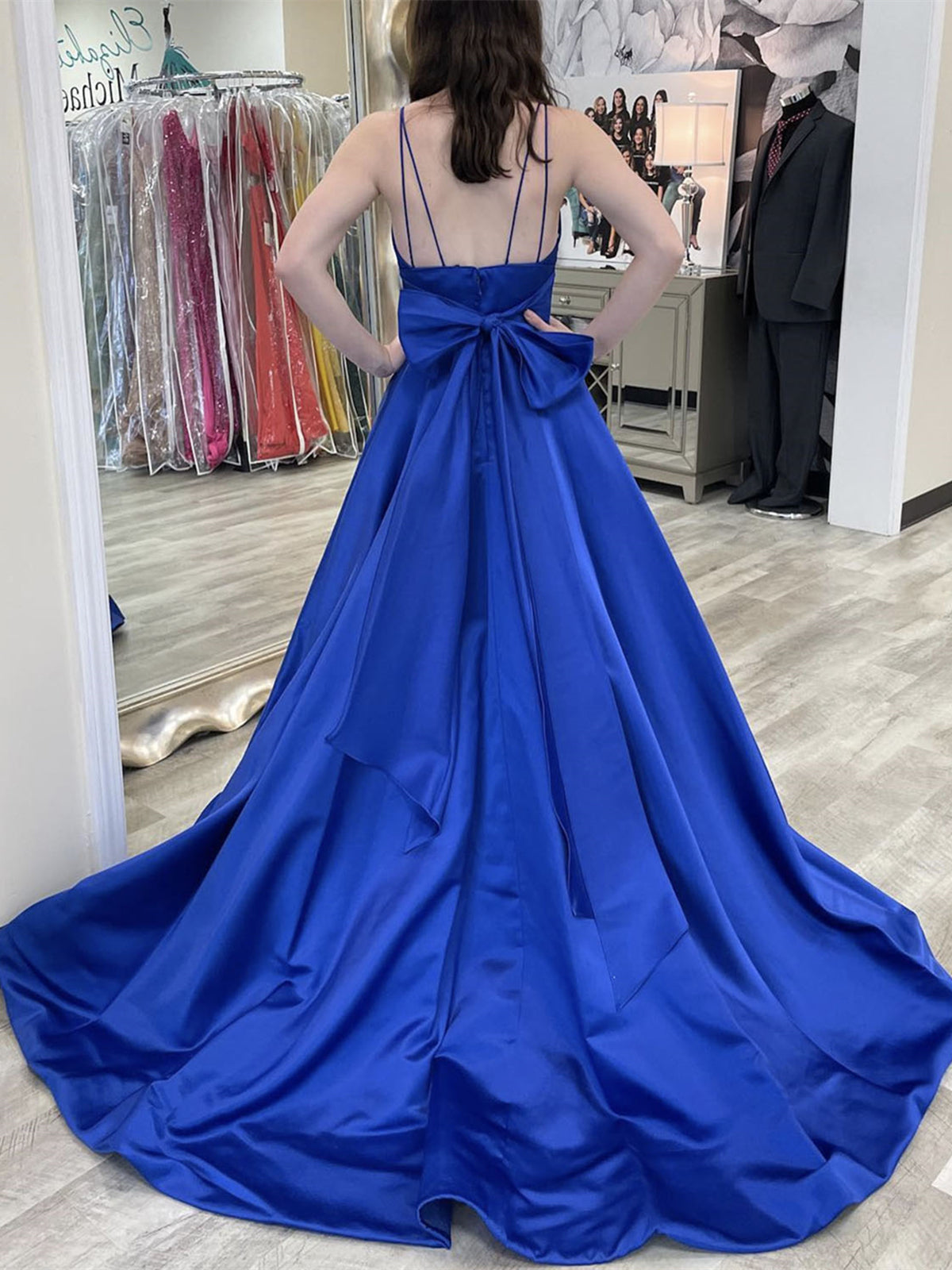 Royal Blue Long A-line V-neck Satin Backless Formal Prom Dress BIZTUNNEL Royal Blue Long A-line V-neck Satin Backless Formal Prom Dress BIZTUNNEL