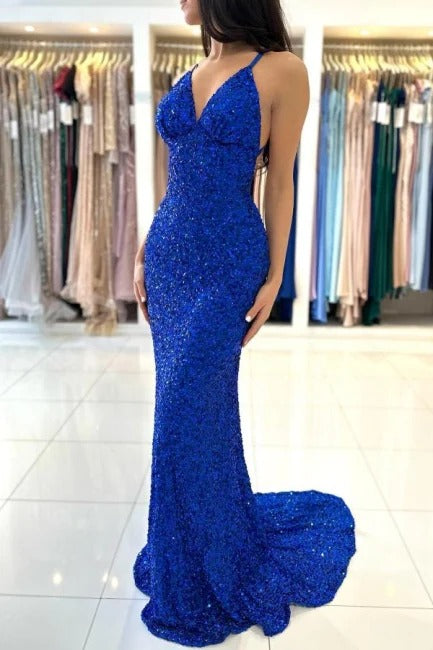 Royal Blue Long Mermaid V-neck Spaghetti Straps Backless Sequined Form –  BIZTUNNEL