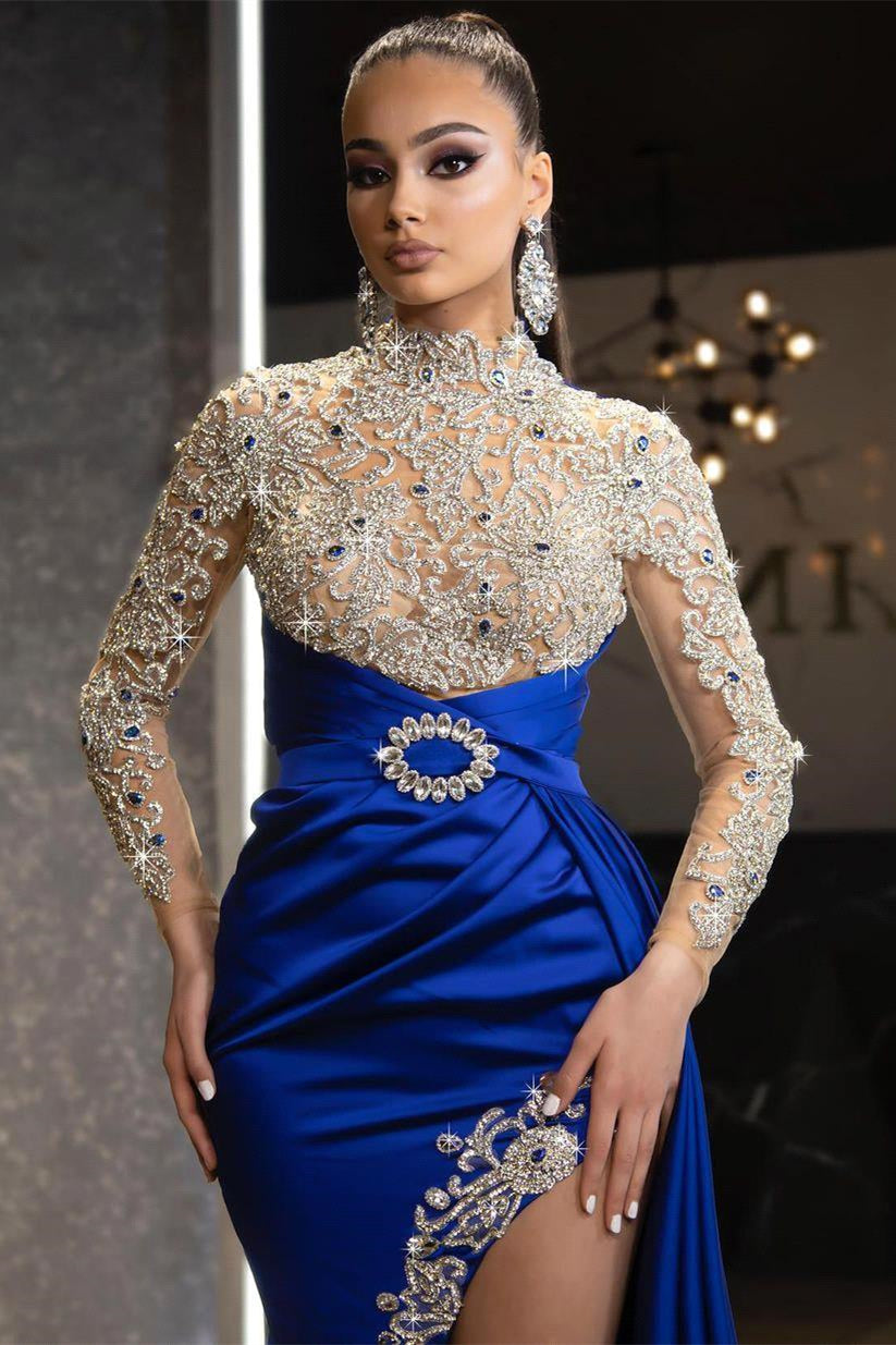 Royal Blue Long Sleeves Beadings Ruffles Mermaid Prom Dress with Split BIZTUNNEL Royal Blue Long Sleeves Beadings Ruffles Mermaid Prom Dress with Split BIZTUNNEL