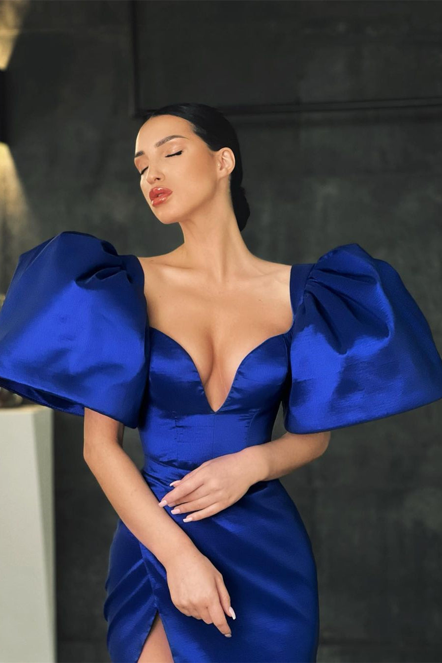 Royal Blue Long Mermaid One Shoulder Satin Prom Dress with Slit