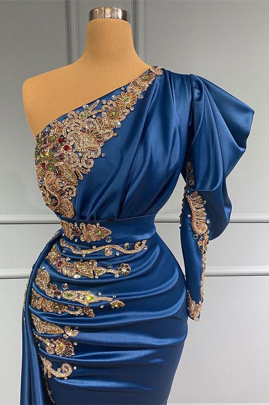 slim fit dress slacks Royal Blue Satin One Shoulder Beadings Mermaid Prom Dress Long – BIZTUNNEL