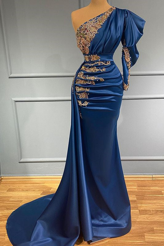Royal Blue Satin One Shoulder Beadings Mermaid Prom Dress Long Royal Blue Satin One Shoulder Beadings Mermaid Prom Dress Long