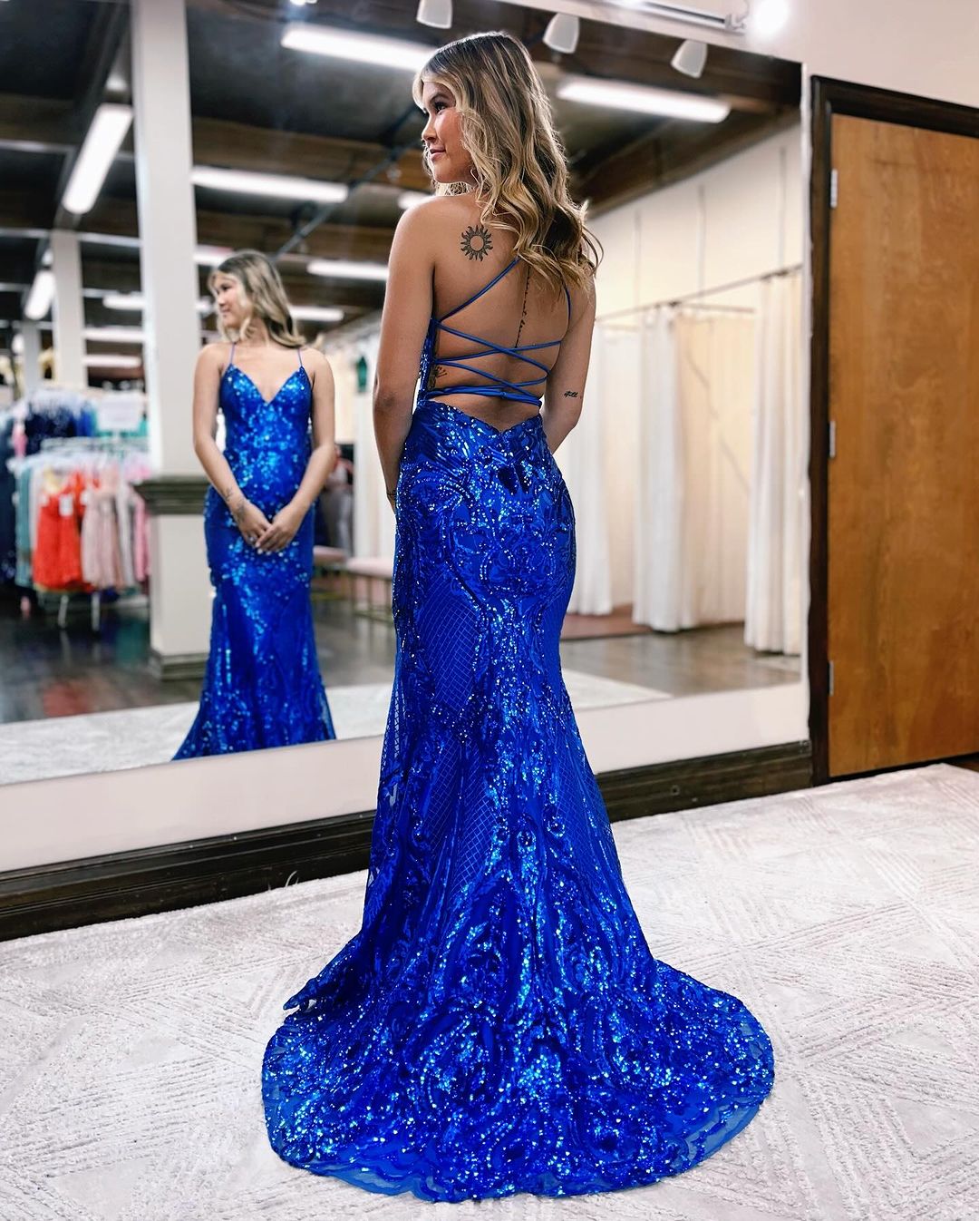 navy blue dress for baby girl Sherri Hill Sequin Open Back Prom Dress 54912 Red / 4