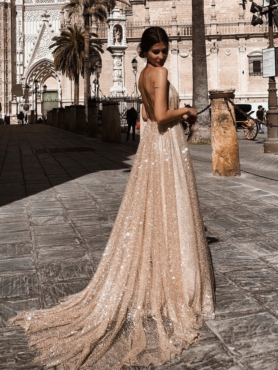 Sexy A Line V Neck Backless Long Sparkling Formal Prom Dresses Sexy A Line V Neck Backless Long Sparkling Formal Prom Dresses