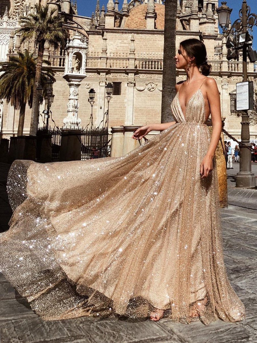 navy blue dress for baby girl A-Line V-Neck Evening Dress with Slit Sexy Shiny Rhinestone Long Prom Dresses APD2079 main image 0