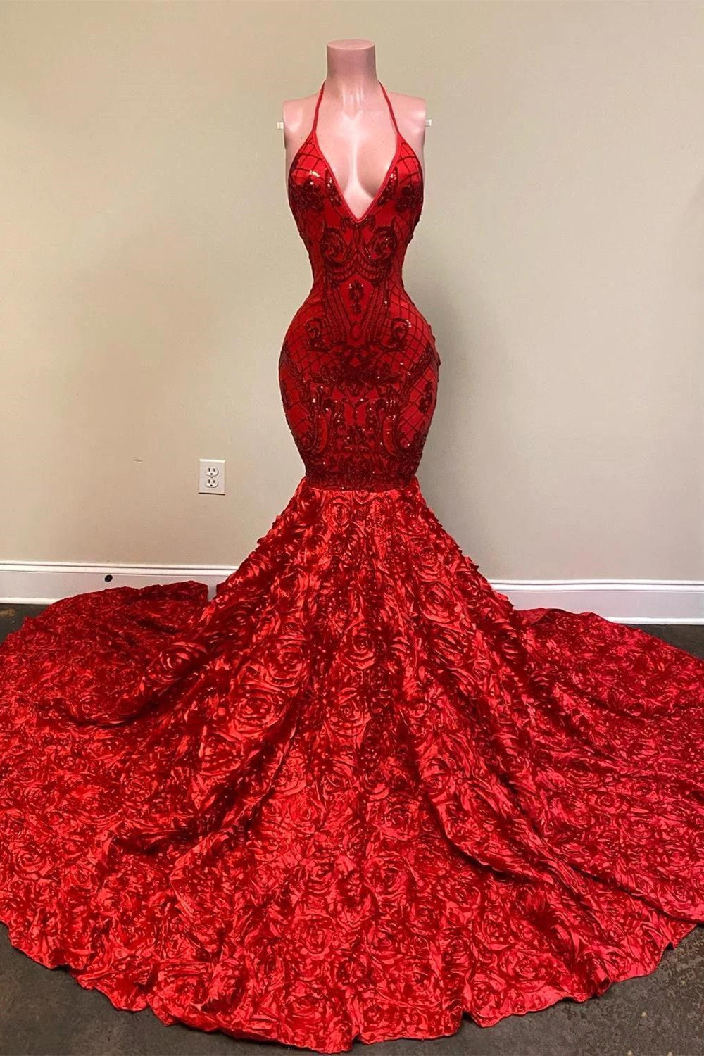 Sexy Deep V Neck Open Back Red Halter Spaghetti Straps Sequin Mermaid Prom Dress Sexy Deep V Neck Open Back Red Halter Spaghetti Straps Sequin Mermaid Prom Dress