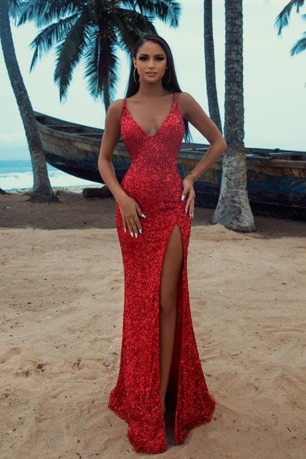 Sexy Glitter Long Mermaid V-Neck Sequins Formal Prom Dress with Slit