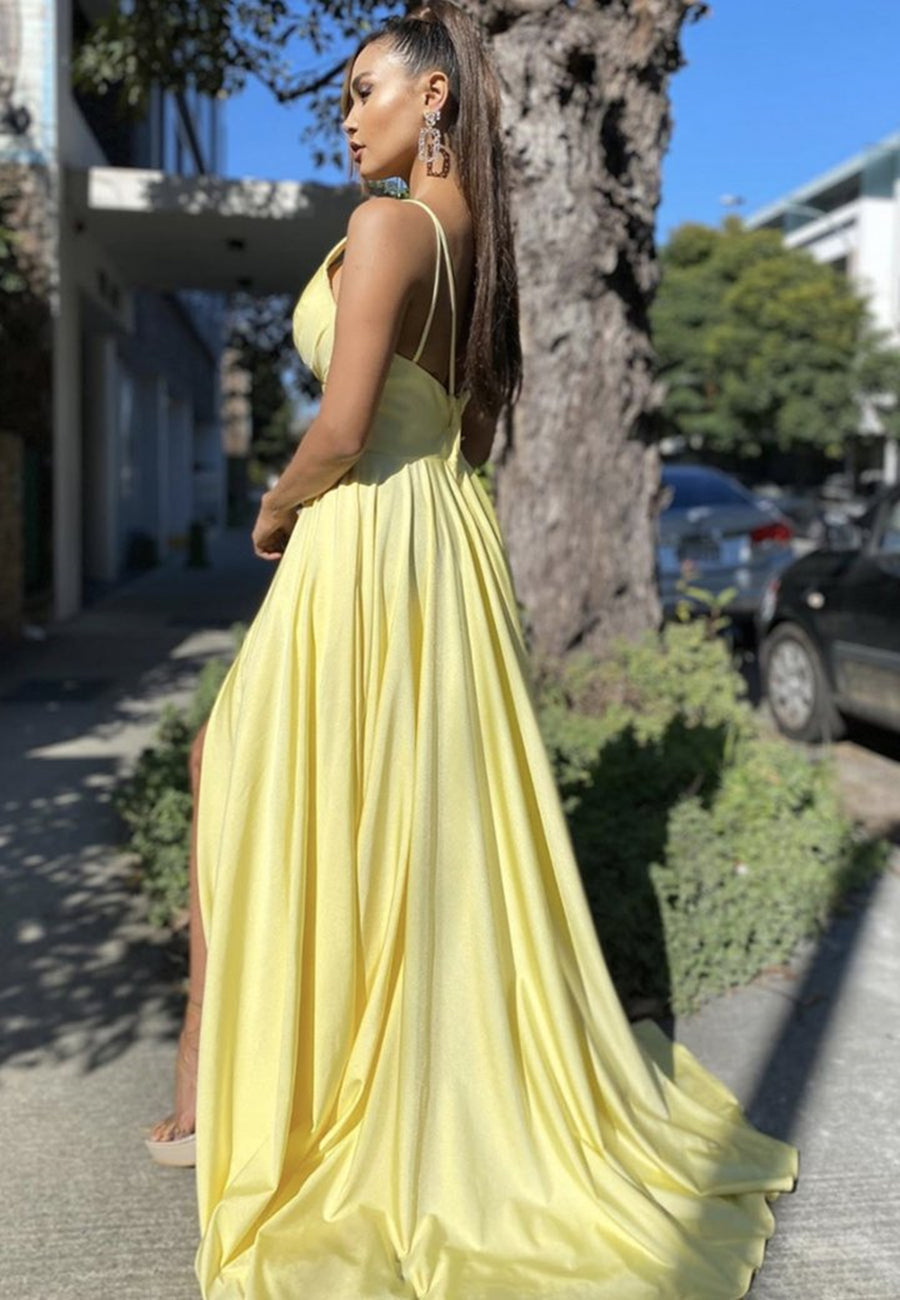 Sexy Long A-line V-neck Backless Satin Backless Formal Prom Dresses with Slit Sexy Long A-line V-neck Backless Satin Backless Formal Prom Dresses with Slit