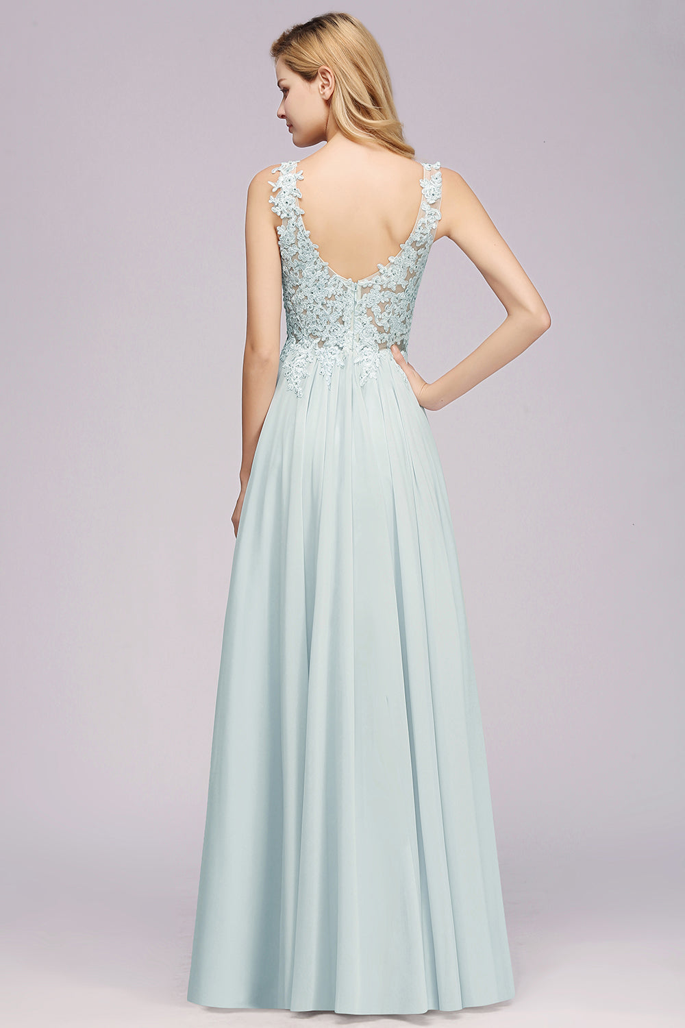 Sexy Long Beaded Lace V-Neck Chiffon Bridesmaid Dress