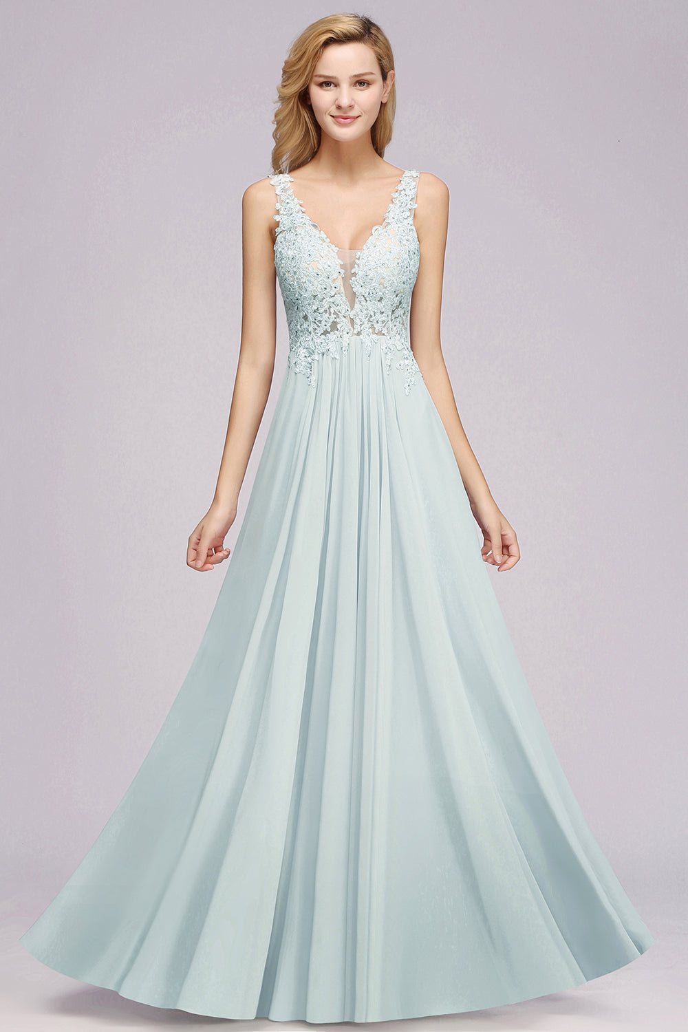 Sexy Long Beaded Lace V-Neck Chiffon Bridesmaid Dress