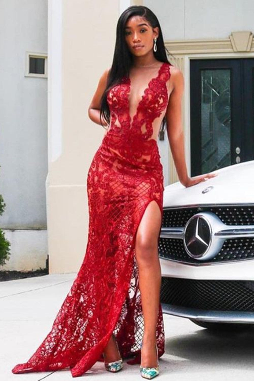 Sexy Long Mermaid Bateau Lace Burgundy Prom Dress With Slit – BIZTUNNEL
