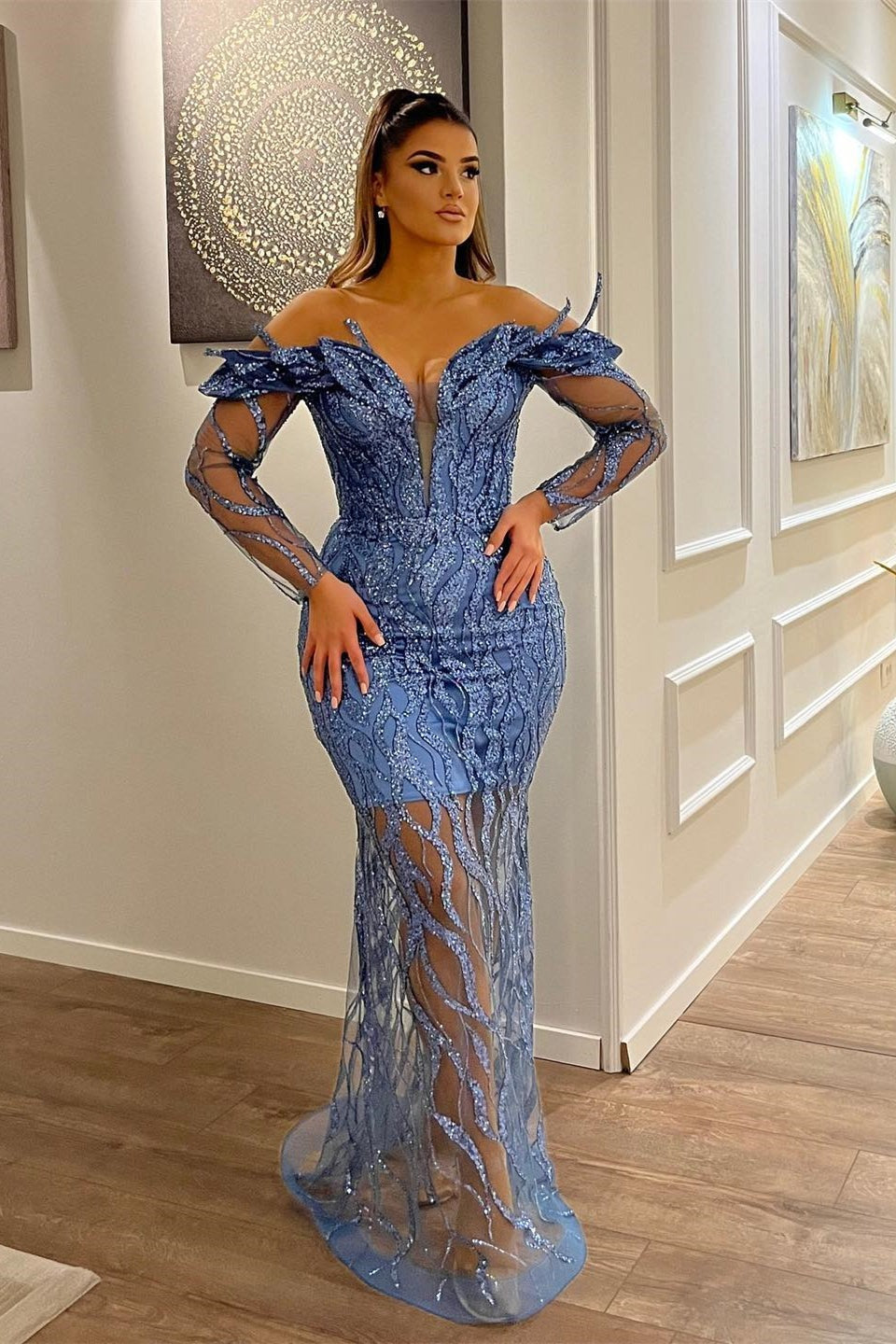 Sexy Long Mermaid Off The Shoulder Tulle Lace Formal Evening Dresses