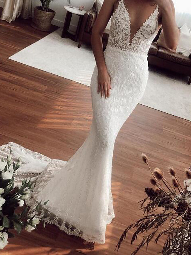 Sexy Long Mermaid V-neck Lace Tulle Prom Dress with Slit
