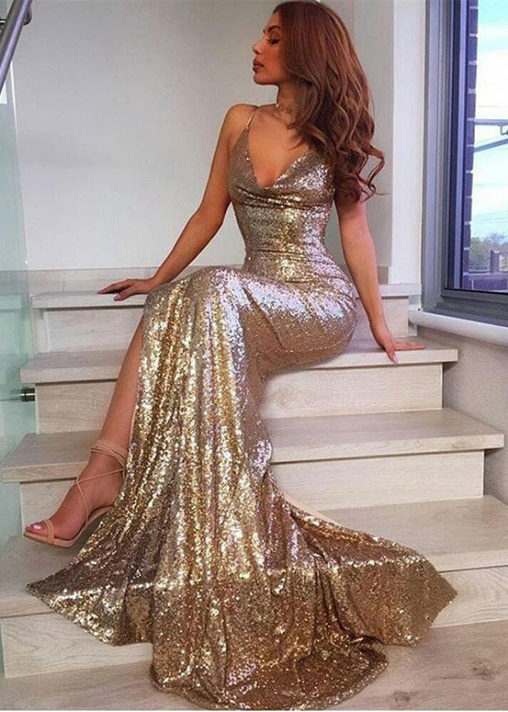 Gold Sequin Open Back Prom Dress Sexy Long V-Neck Open Back Sequins Mermaid Prom Dress with Slit Gold Sequin Open Back Prom Dress Sexy Long V-Neck Open Back Sequins Mermaid Prom Dress with Slit
