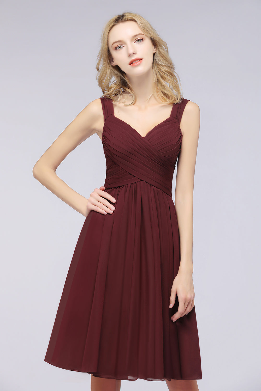 burgundy bridesmaid short dresses Burgundy Strapless Ruched Top Short Chiffon Bridesmaid Dresses