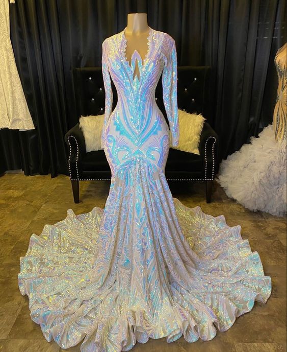 Shimmers Long Sleeve Mermaid V-Neck Sequins Appliques Prom Dresses