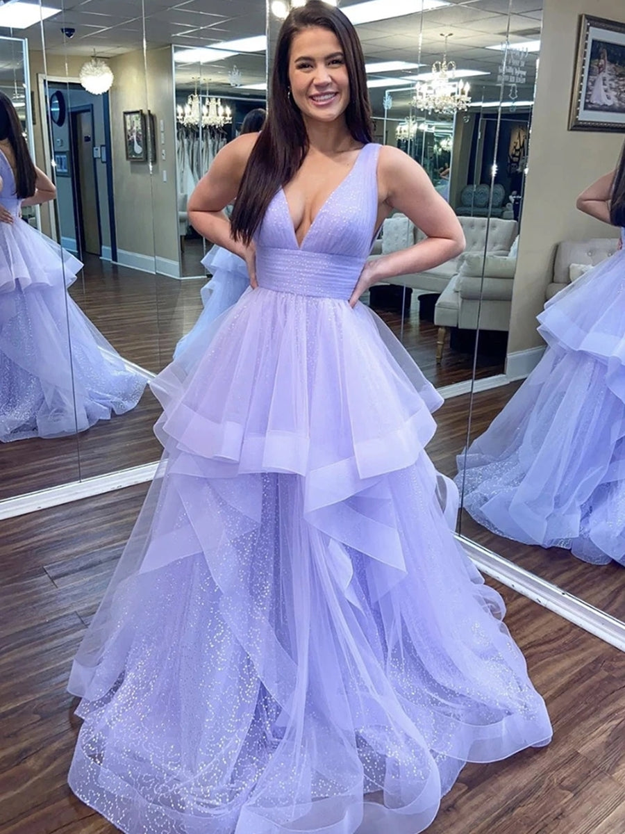 Shiny A-Line V Neck Fluffy Tulle Long Prom Formal Evening Dresses