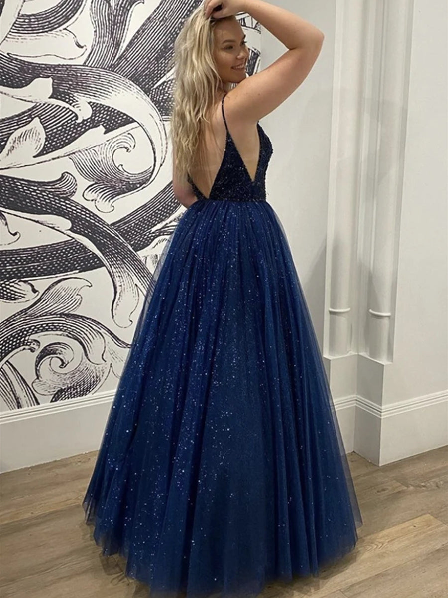 Shiny Dark Navy Long A-line Sweetheart Open Back Formal Prom Dresses   BIZTUNNEL