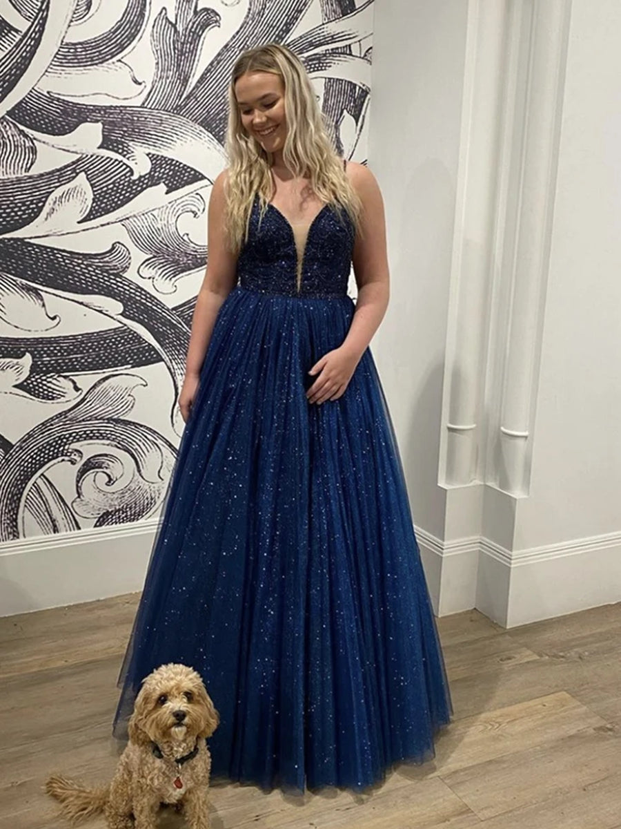 Shiny Dark Navy Long A-line Sweetheart Open Back Formal Prom Dresses BIZTUNNEL Shiny Dark Navy Long A-line Sweetheart Open Back Formal Prom Dresses BIZTUNNEL