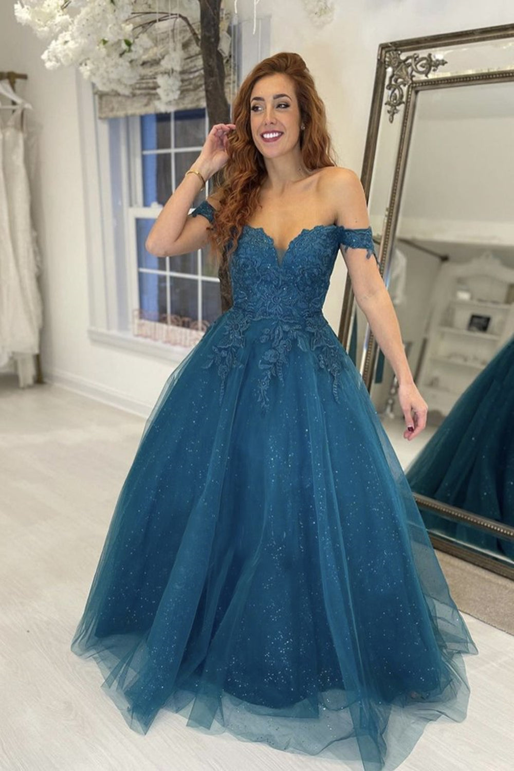 Shiny Long A-line Off The Shoulder Tulle Lace Formal Prom Dresses BIZTUNNEL Shiny Long A-line Off The Shoulder Tulle Lace Formal Prom Dresses BIZTUNNEL