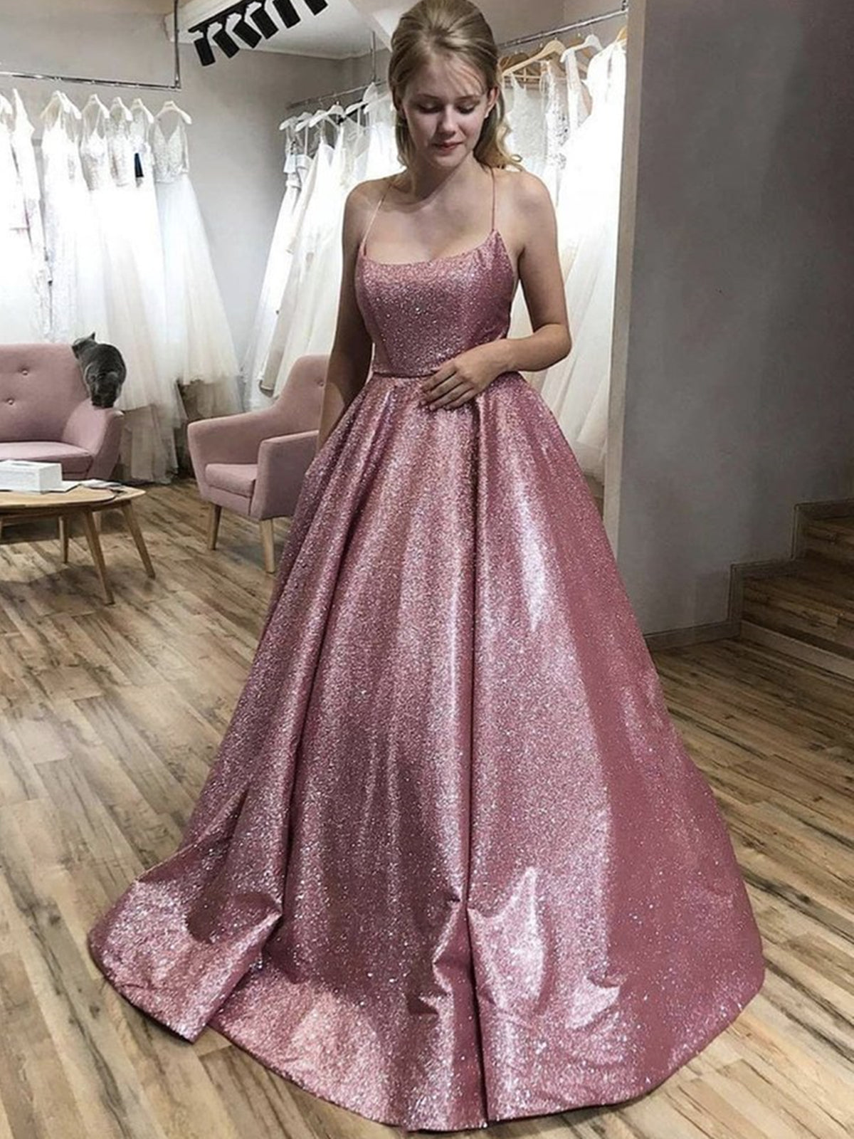 Shiny Long A-line Spaghetti Straps Open Back Formal Evening Dresses Shiny Long A-line Spaghetti Straps Open Back Formal Evening Dresses