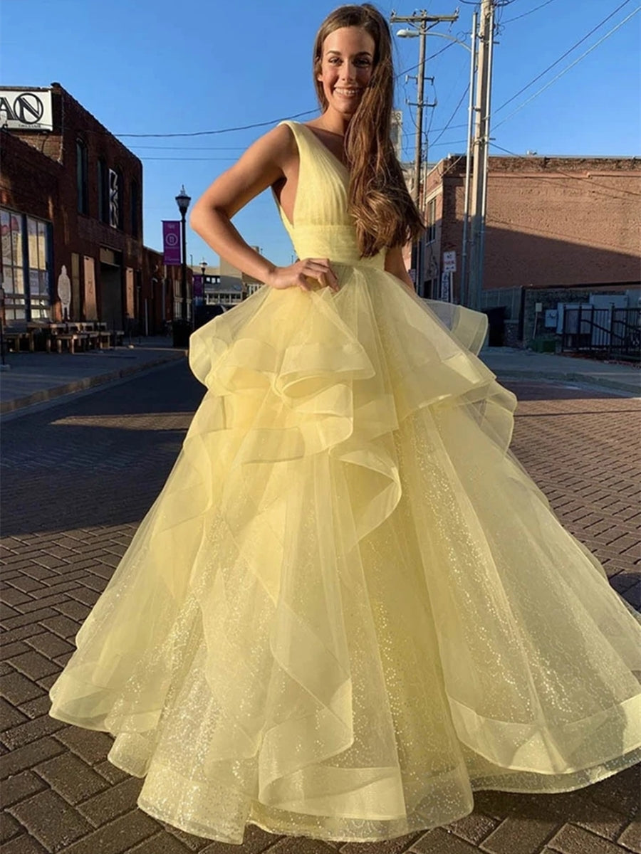 Shiny Yellow Long A-line V-neck Fluffy Tulle Graduation Prom Dresses Shiny Yellow Long A-line V-neck Fluffy Tulle Graduation Prom Dresses