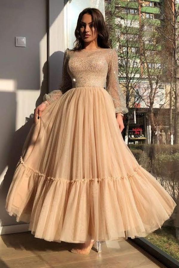 Short A-line Bateau Sequins Tea-length Tulle Prom Dresses with Sleeves   BIZTUNNEL