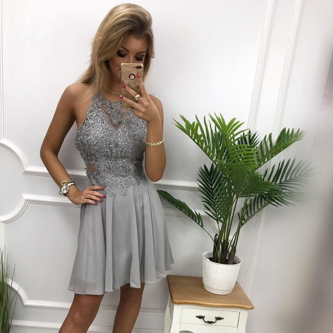 Short A-line Halter Chiffon Lace Prom Formal Homecoming Dresses BIZTUNNEL Short A-line Halter Chiffon Lace Prom Formal Homecoming Dresses BIZTUNNEL