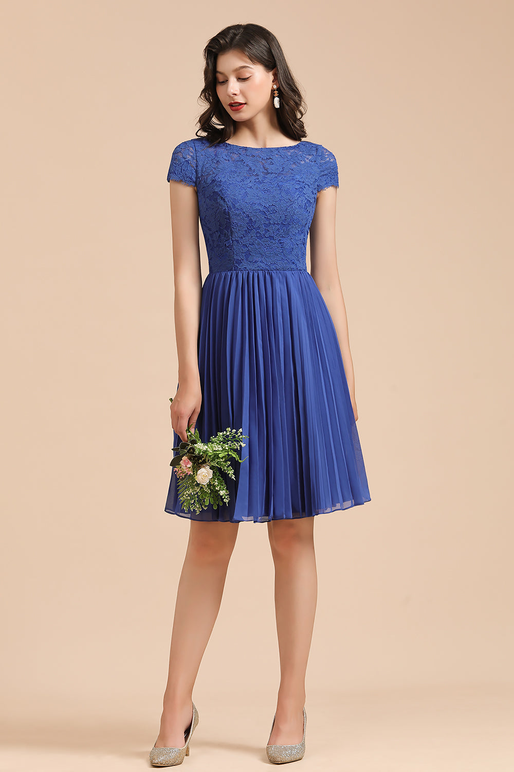 Short A-line Lace Sleeve Royal Blue Bridesmaid Dress with Sleeves