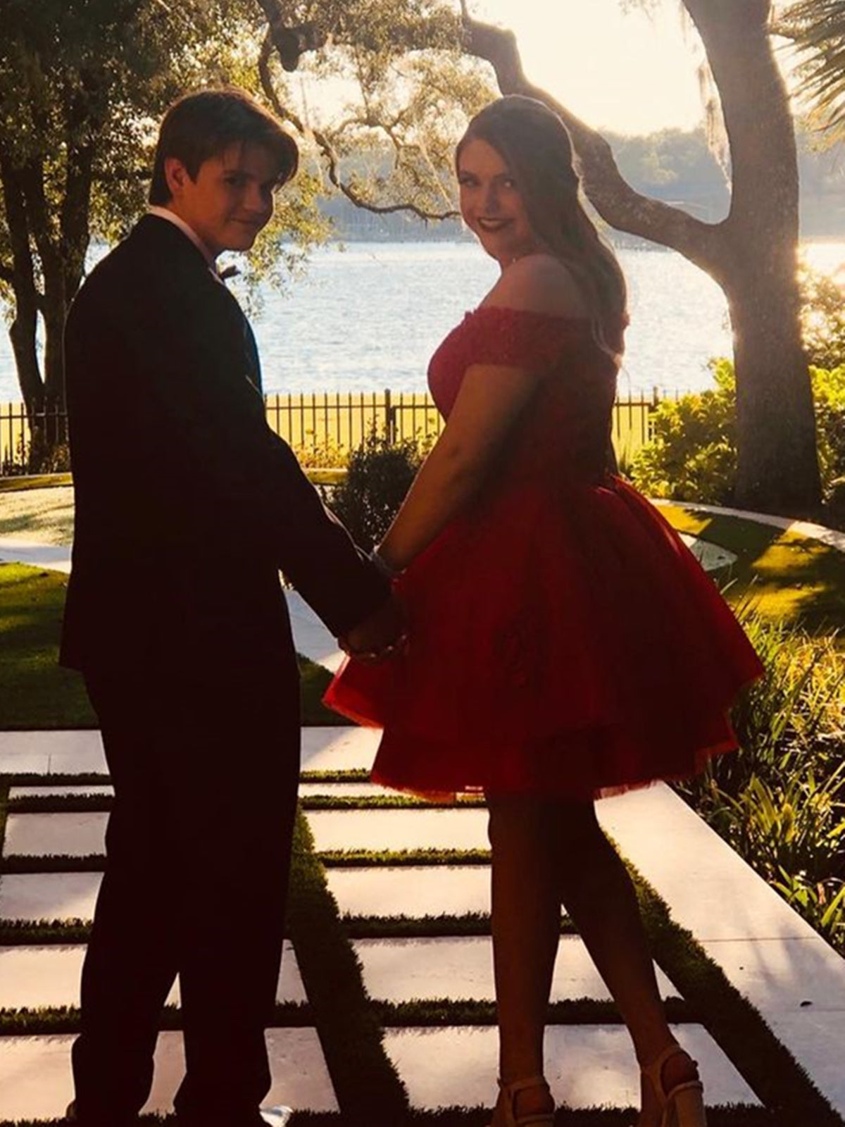 red prom & homecoming dresses Short A-line Off the Shoulder Lace Tulle Red Prom Homecoming Dresses main image 1