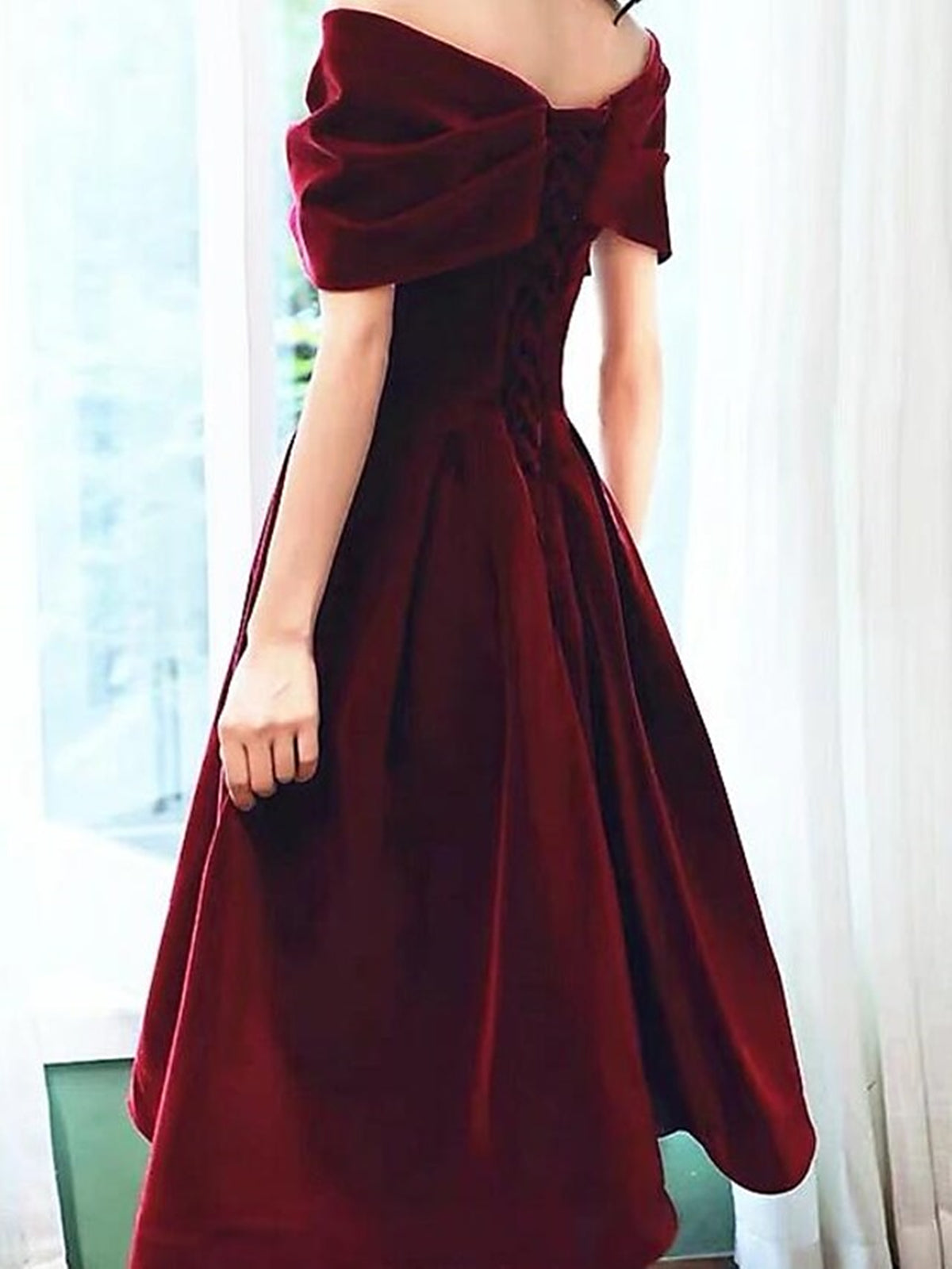 Short A-line Off the Shoulder Velvet Prom Dress Burgundy Formal Graduation Evening Dresses Short A-line Off the Shoulder Velvet Prom Dress Burgundy Formal Graduation Evening Dresses