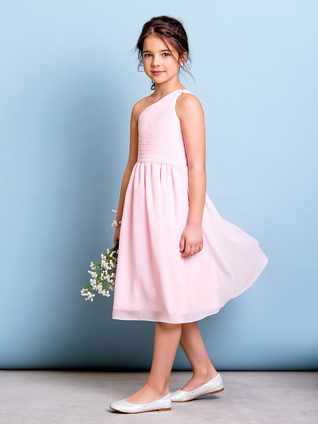one shoulder junior bridesmaid dresses Chic One Shoulder Ruched Floor-Length Chiffon Junior Bridesmaid Dress, Flamingo main image 1