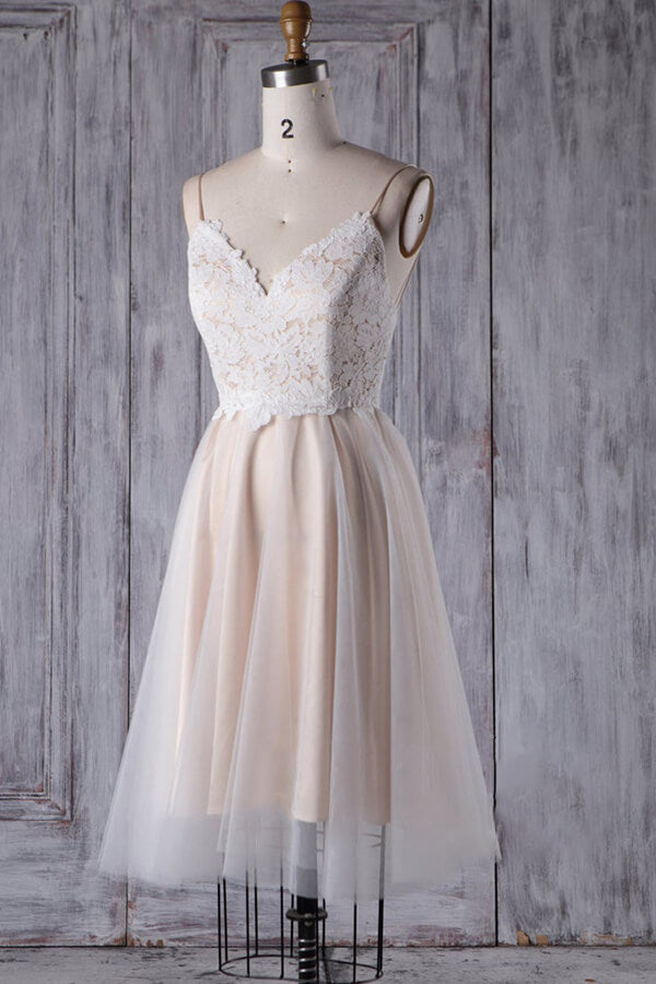 short wedding dress with spaghetti straps Satin A-line V-neck Spaghetti Straps Short Wedding Dresses with Appliques,  MW514