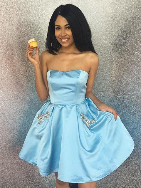 Short A-line Strapless Beading Satin Homecoming Dress with Pockets Short A-line Strapless Beading Satin Homecoming Dress with Pockets