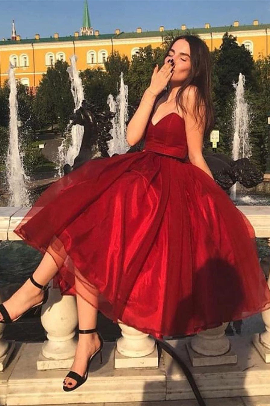 open lace back dress Short A-Line Sweetheart Organza Burgundy Prom Dress