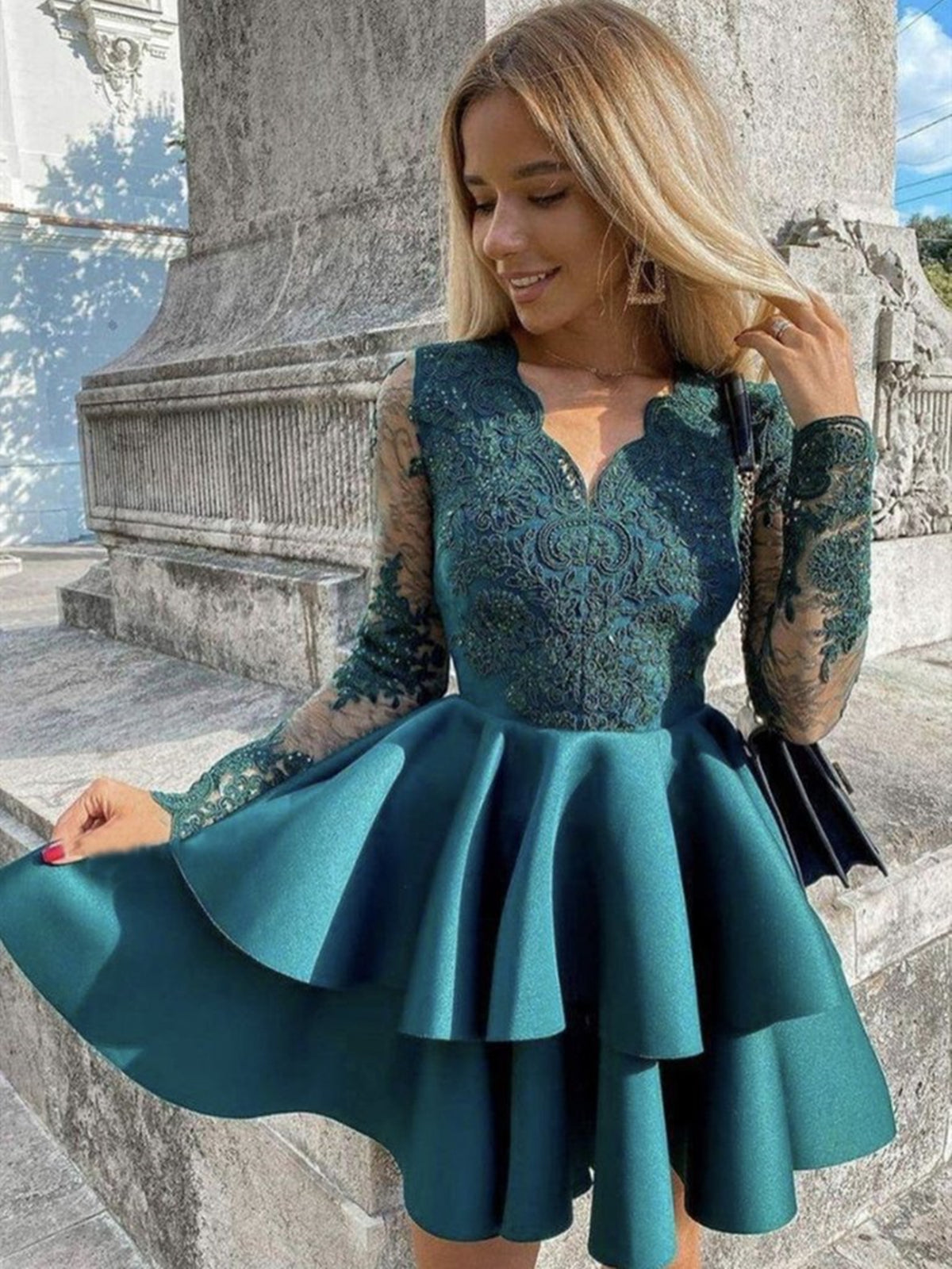 fitted lace wedding dress Short Lace Long Sleeve Ruffles Satin Dress – Lisposa main image 1