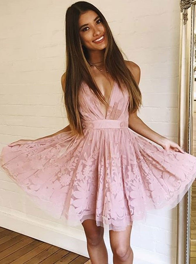 Short A-line V-neck Spaghetti-Straps Appliques Lace Homecoming Dress Short A-line V-neck Spaghetti-Straps Appliques Lace Homecoming Dress