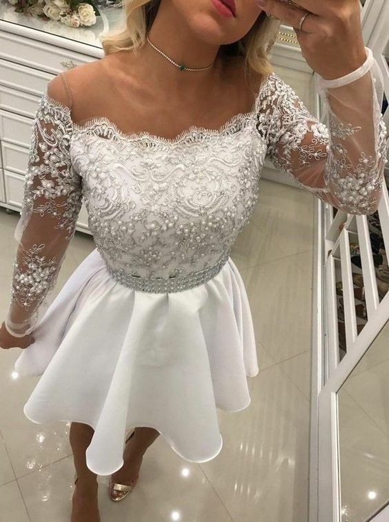 slim fit dress slacks Short A Line White Lace Long Sleeves Chiffon Prom Dresses