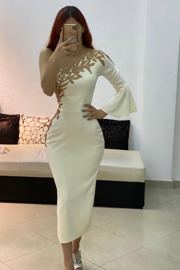 Short Mermaid One Shoulder Satin Formal Dress with Sleeves Short Mermaid One Shoulder Satin Formal Dress with Sleeves