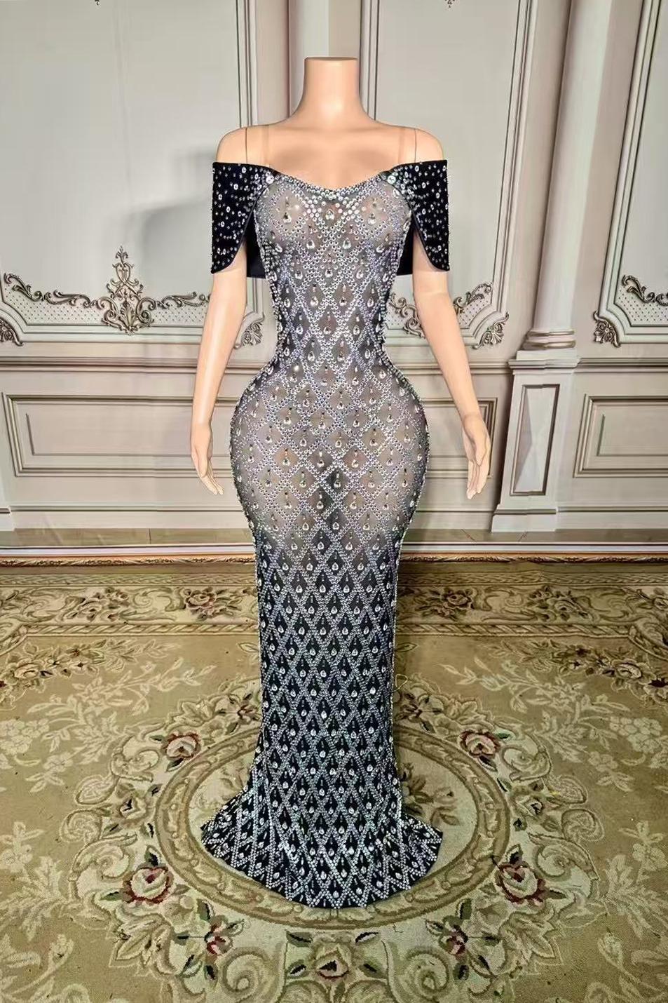 Short Sleeves V-Neck Sheath Long Prom Dress with Diamonds – BIZTUNNEL