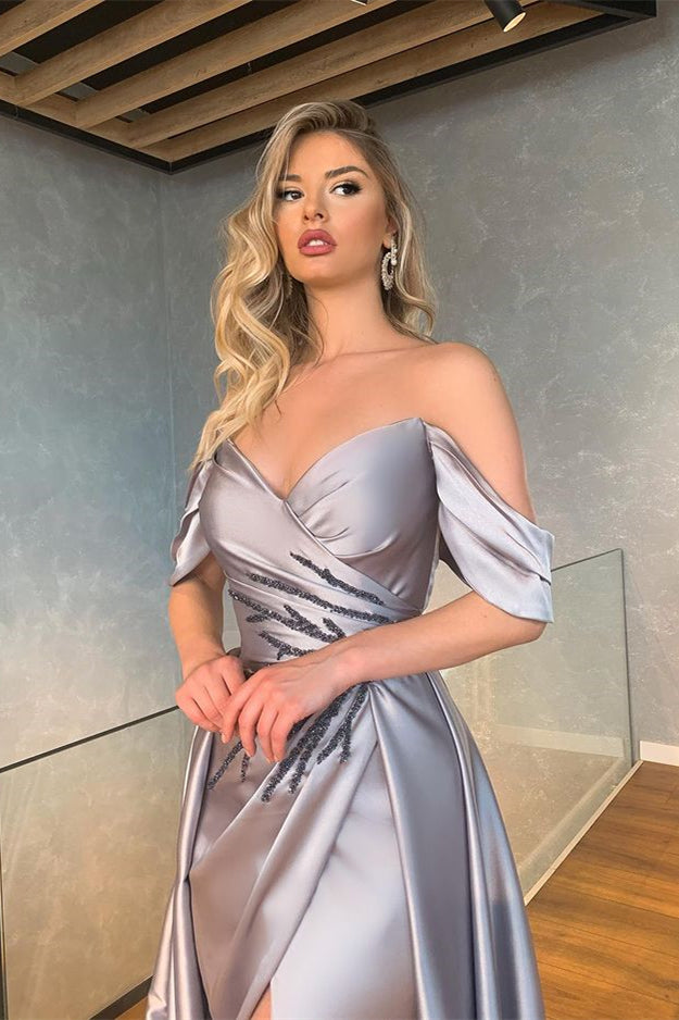 Modest Long Off-the-Shoulder Satin Mermaid Prom Dress with Slit main image 0