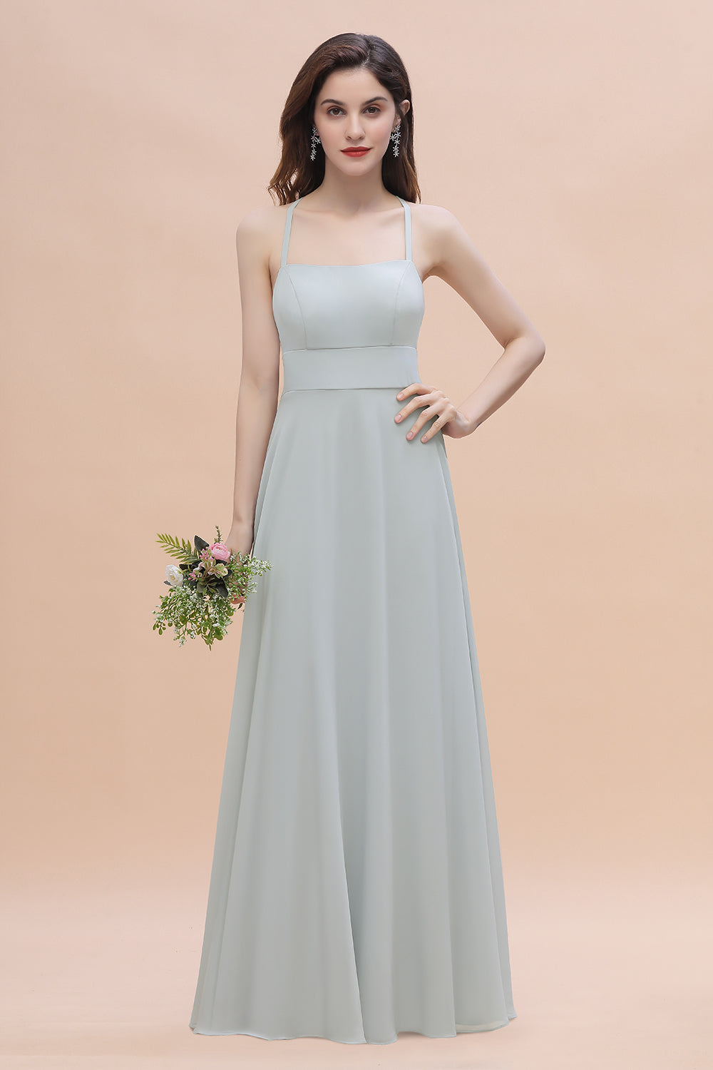 Simple A-Line Chiffon Halter Long Bridesmaid Dress with Pockets
